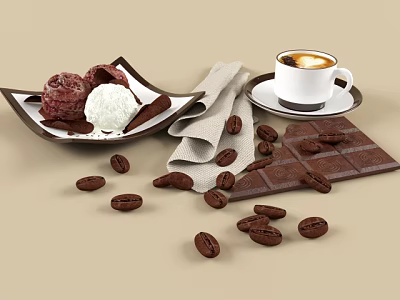 Delicious Chocolate Dessert With Ice Cream Coffee Beans And Coffee Cup 3d model