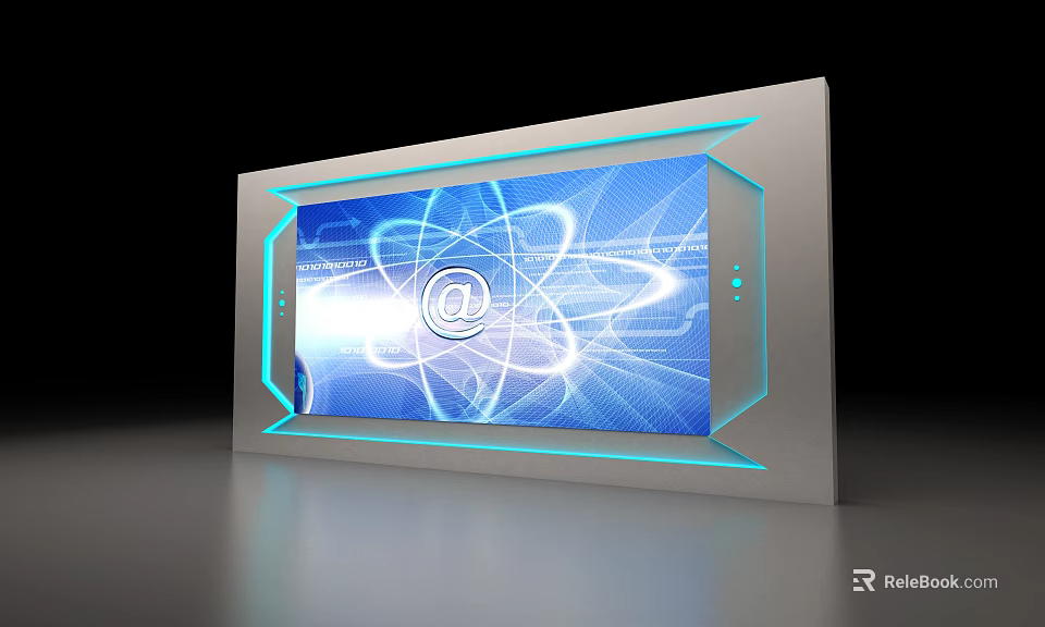Modern Tech Themed Wall with Blue Lighting Atomic Structure Pattern And Silver Frame 3d model 
