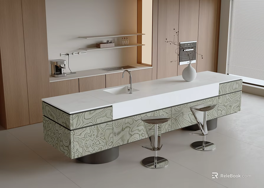 Modern Bar Counter With White Marble Top Sink Patterned Cabinets And Metallic Stools 3d model 