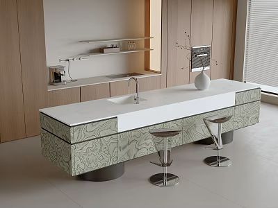 Modern Bar Counter With White Marble Top Sink Patterned Cabinets And Metallic Stools 3d model
