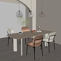 Modern Dining Room With Wooden Table Beige Brown Chairs Pendant Lights And Potted Plants