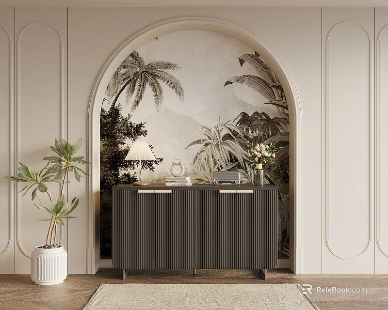 Modern Entryway Console Table With Ribbed Design Palm Tree Mural And Potted Plant 3d model