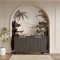 Modern Entryway Console Table With Ribbed Design Palm Tree Mural And Potted Plant 3d model