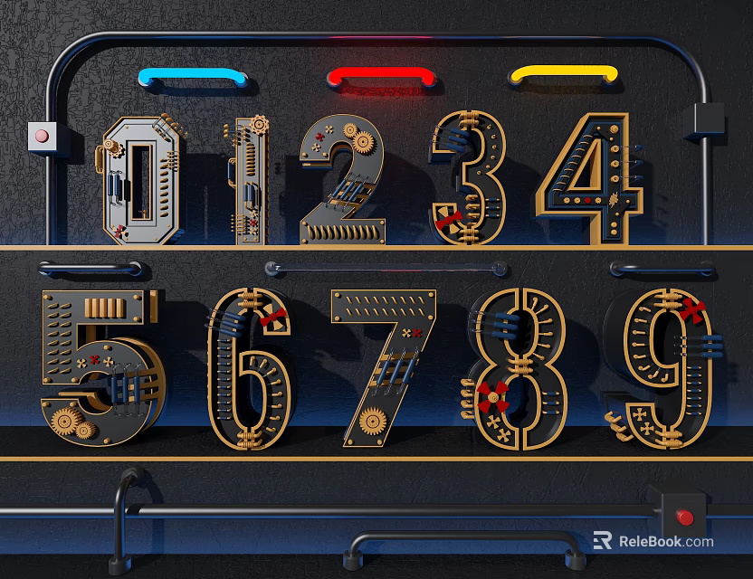 Mechanical Digital Numbers with Gear Circuit Elements and Metallic Design 3d model 