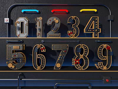 Mechanical Digital Numbers with Gear Circuit Elements and Metallic Design 3d model