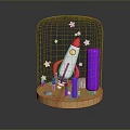 Transparent Glass Dome With Red Rocket Purple Pillars Stars Moon And Wooden Base