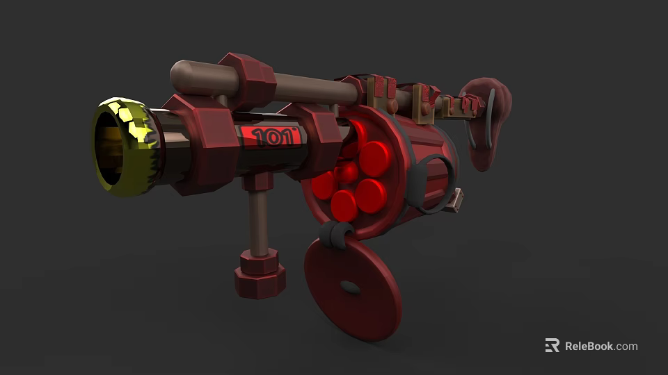 Red Heavy Duty Weapon With 101 Logo Metal Barrel And Circular Components Stand 3d model 