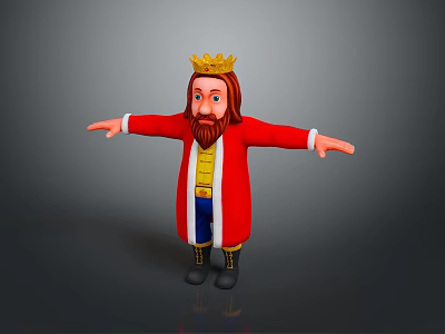 Cartoon King Character Wearing Golden Crown Red Robe With Beard And Outstretched Arms 3d model