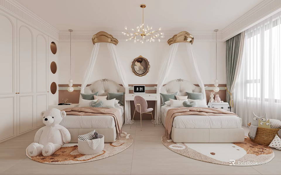 Elegant Kids Room Interior With Canopy Twin Beds Gold Accents Chandelier And Stuffed Teddy Bear 3d model 