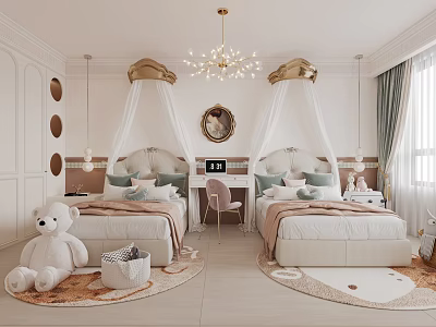Elegant Kids Room Interior With Canopy Twin Beds Gold Accents Chandelier And Stuffed Teddy Bear 3d model