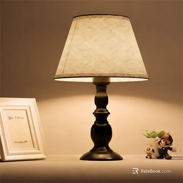 Black Base Table Lamp With Beige Fabric Lampshade White Photo Frame Small Plant Cartoon Figurine 3d model 