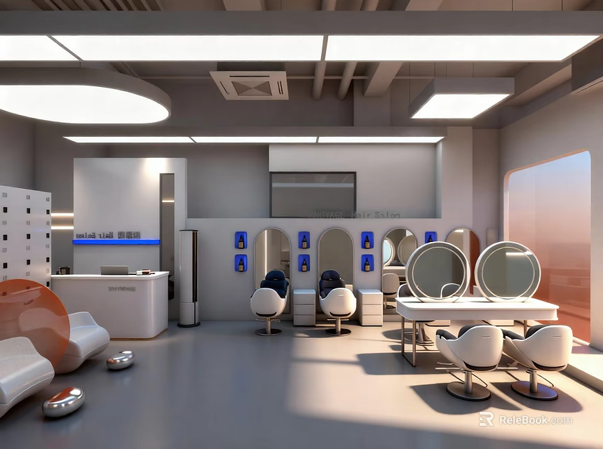 Beauty Hair Salon Modern Interior With Styling Chairs Mirrors And Reception Area 3d model 