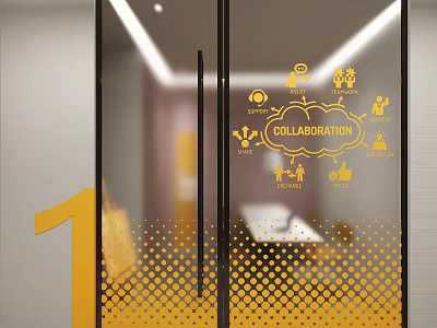 Glass Door Decoration With Yellow Collaboration Text Icons Dot Pattern And Number 1 3d model
