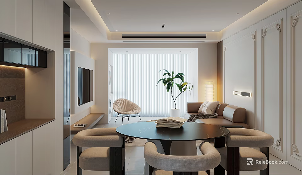 Modern Dining Living Room Interior With Sofa Dining Table Chairs And Plant 3d model