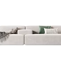 Modern Gray Sectional Sofa With Green White Cushions Gray Blanket Black Side Table Gold Lamp