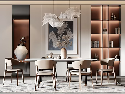 Modern Dining Table And Chairs Set With Pendant Lights Decorative Painting And Display Shelves 3d model