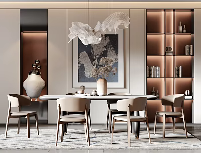 Modern Dining Table And Chairs Set With Pendant Lights Decorative Painting And Display Shelves 3d model