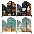 Traditional Chinese Folding Screen With Crane Bamboo Moon And Ancient Architecture Patterns 3d model