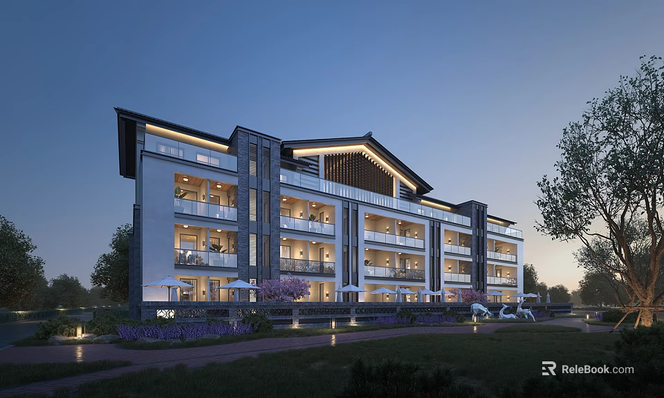 Chinese Style Boutique Guesthouse Building Modern Multi Story Balconies Lush Garden Flower Plants Evening Lighting 3d model 
