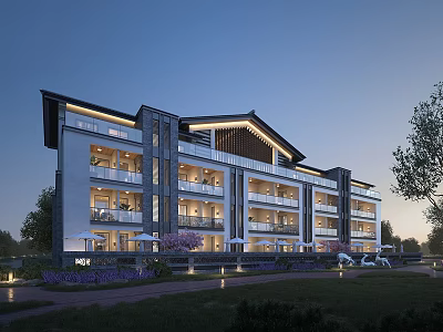 Chinese Style Boutique Guesthouse Building Modern Multi Story Balconies Lush Garden Flower Plants Evening Lighting 3d model