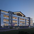 Chinese Style Boutique Guesthouse Building Modern Multi Story Balconies Lush Garden Flower Plants Evening Lighting