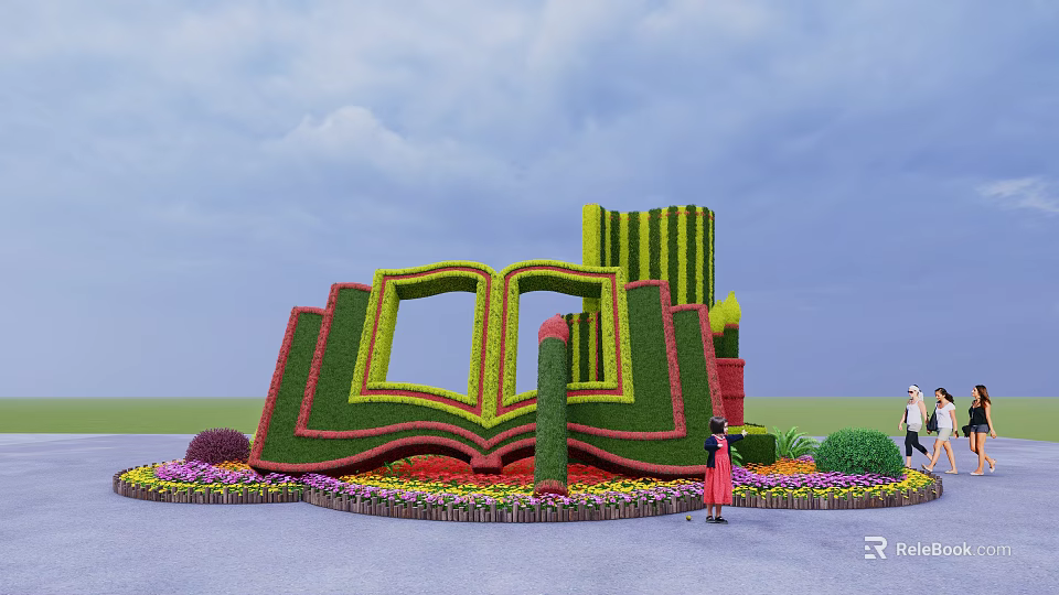 Flower Bed Planters Open Book Shape Green Plants Surrounding Colorful Flowers With People Walking 3d model 