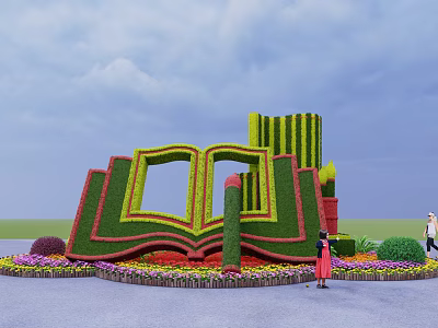 Flower Bed Planters Open Book Shape Green Plants Surrounding Colorful Flowers With People Walking 3d model