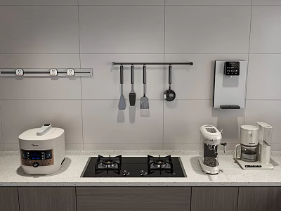 White Tiled Kitchen Countertop With Hanging Cooking Utensils Gas Stove Rice Cooker And Coffee Maker 3d model