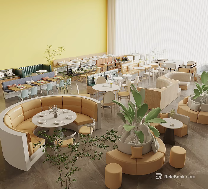 Modern Café Interior Design With Yellow Walls Rounded Booths White Tables And Green Plants 3d model 