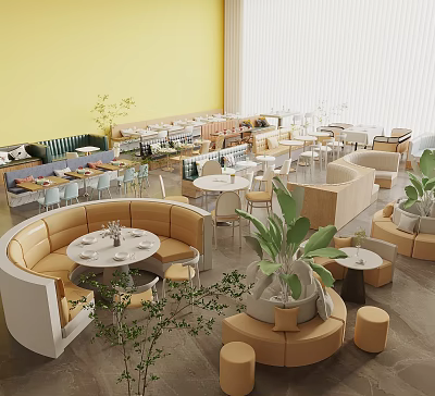 Modern Café Interior Design With Yellow Walls Rounded Booths White Tables And Green Plants 3d model