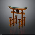 Traditional Japanese Torii Gate Architecture With Red Wooden Structure Green Roof And Decorative Beams