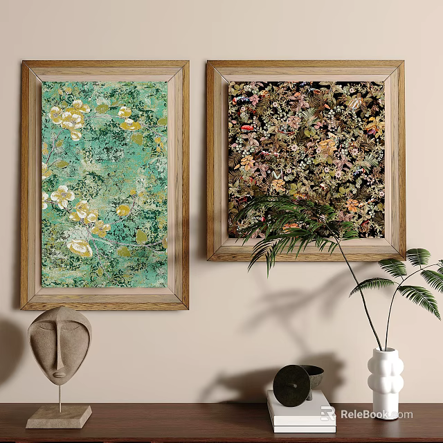 Abstract Paintings in Golden Frames Featuring Green Background Yellow Flowers and Colorful Abstract Patterns 3d model 