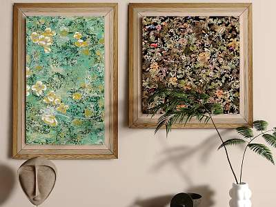 Abstract Paintings in Golden Frames Featuring Green Background Yellow Flowers and Colorful Abstract Patterns 3d model