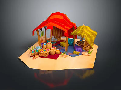 Colorful Market Stall Scene With Red Yellow Tents Pottery Baskets And Decorative Plants 3d model