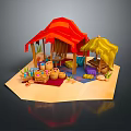 Colorful Market Stall Scene With Red Yellow Tents Pottery Baskets And Decorative Plants