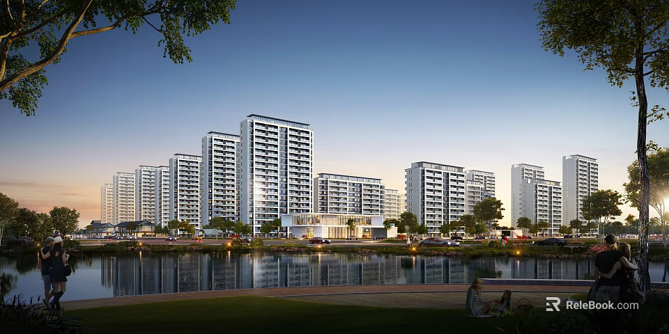 Modern High Rise Residential Building With Waterfront View And Green Community Landscape 3d model 