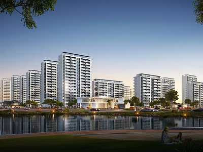 Modern High Rise Residential Building With Waterfront View And Green Community Landscape 3d model