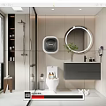 Modern Bathroom Interior Design With Glass Shower Round Illuminated Mirror Wall-Mounted Toilet And Dark Vanity