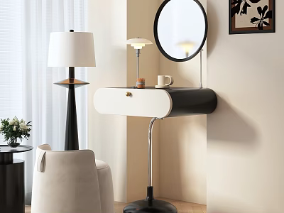 Modern Minimalist Dressing Table Design With Circular Mirror Table Lamp Stool And Decorative Items 3d model