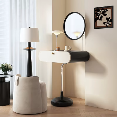 Modern Minimalist Dressing Table Design With Circular Mirror Table Lamp Stool And Decorative Items 3d model