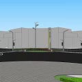 Tall Modern Office Building Surrounded by Low Rise Buildings Green Spaces and Urban Roads