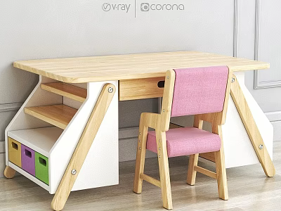Kids Wooden Desk And Chair Set With White Drawers Colorful Cabinets And Pink Chair 3d model
