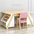 Kids Wooden Desk And Chair Set With White Drawers Colorful Cabinets And Pink Chair
