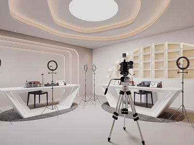 Modern Public Office Space With White Tables Camera On Tripod Ring Lights And Bookshelves 3d model