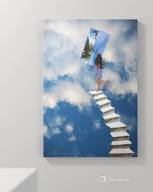 Creative Playground Equipment White Staircase Leading To Sky Clouds With Girl Playing 3d model 