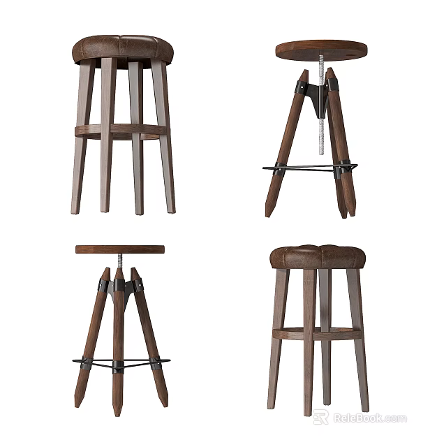 Stylish Wooden Bar Stools With Various Designs Metal Accents And Upholstered Seats 3d model 