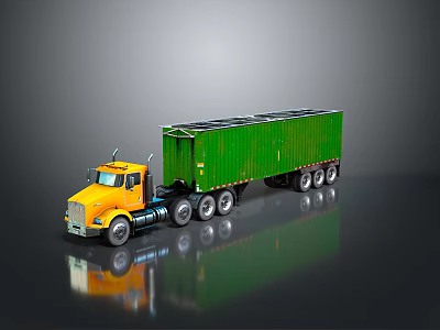 Yellow Cab Green Container Truck With Multiple Wheels On Gray Background Reflective Surface 3d model