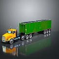 Yellow Cab Green Container Truck With Multiple Wheels On Gray Background Reflective Surface 3d model