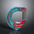 Futuristic Sci-Fi Circular Mechanical Device Featuring Metallic Blue Red Gray Texture And Grid Holes
