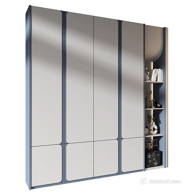 Modern Wardrobe With White Panels Blue Trim And Side Storage Shelves With Decorations 3d model 
